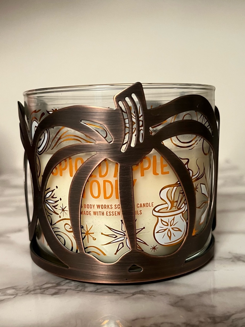 Slatkin & Co Fall Bronze Tone Pumpkin ThreeWick Jar Candle Holder EUC